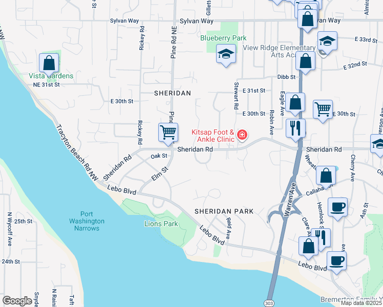 map of restaurants, bars, coffee shops, grocery stores, and more near 609 Sheridan Road in Bremerton