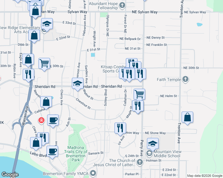 map of restaurants, bars, coffee shops, grocery stores, and more near 1120 Walnut Street in Bremerton