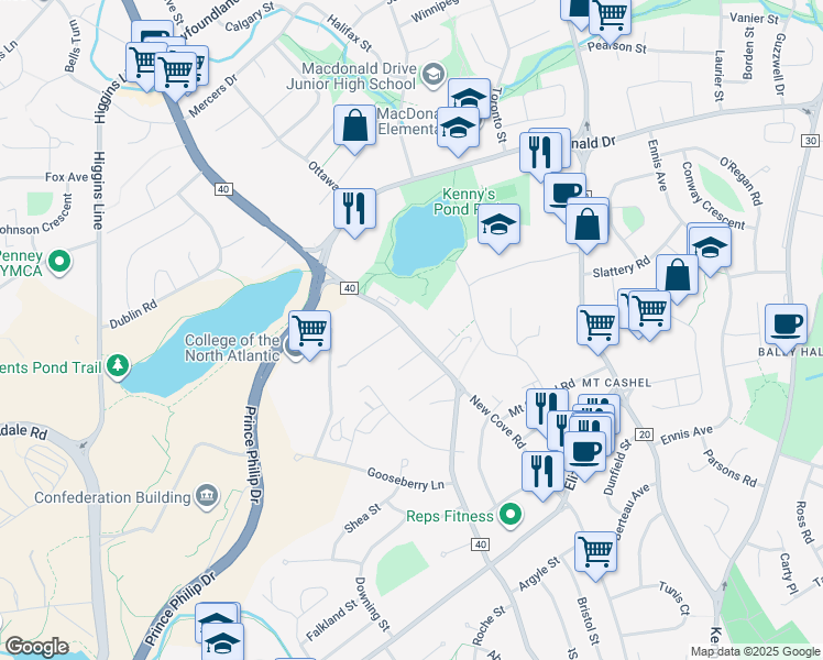 map of restaurants, bars, coffee shops, grocery stores, and more near 156 Portugal Cove Road in Saint John's