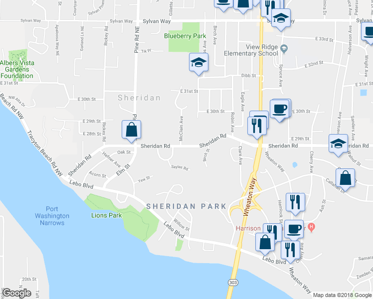 map of restaurants, bars, coffee shops, grocery stores, and more near 707 Sheridan Road in Bremerton