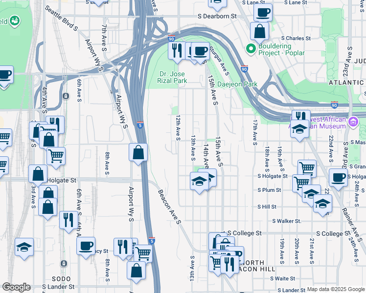 map of restaurants, bars, coffee shops, grocery stores, and more near 1729 12th Avenue South in Seattle