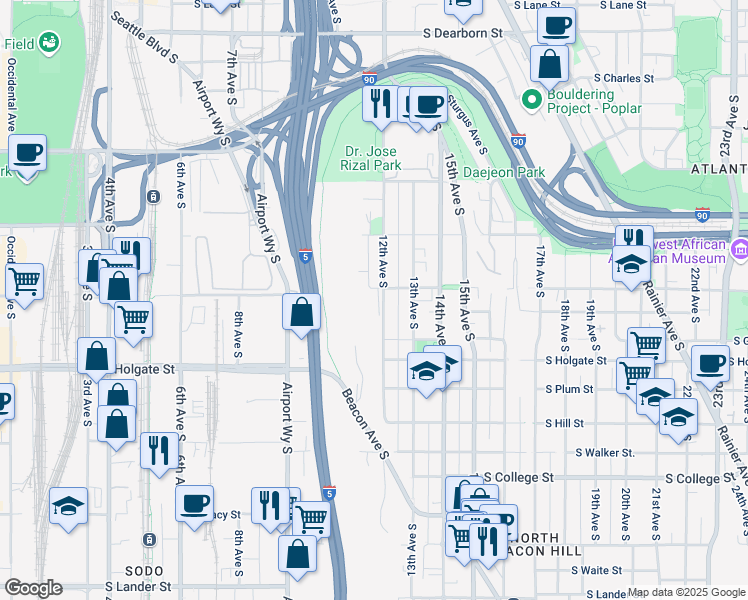 map of restaurants, bars, coffee shops, grocery stores, and more near 1729 12th Avenue South in Seattle