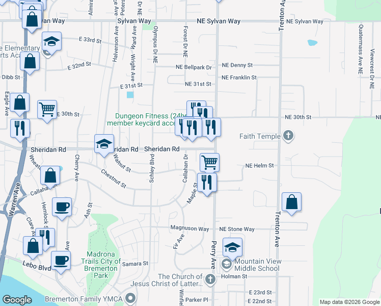 map of restaurants, bars, coffee shops, grocery stores, and more near 2809 Callahan Drive in Bremerton