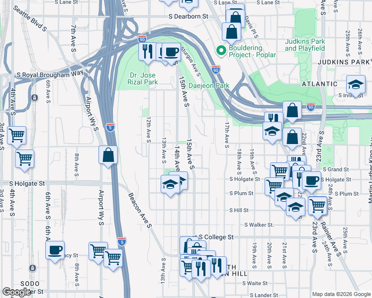 map of restaurants, bars, coffee shops, grocery stores, and more near 1709 15th Avenue South in Seattle