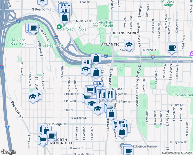 map of restaurants, bars, coffee shops, grocery stores, and more near in Seattle