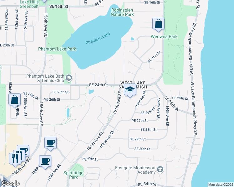 map of restaurants, bars, coffee shops, grocery stores, and more near 2532 161st Avenue Southeast in Bellevue