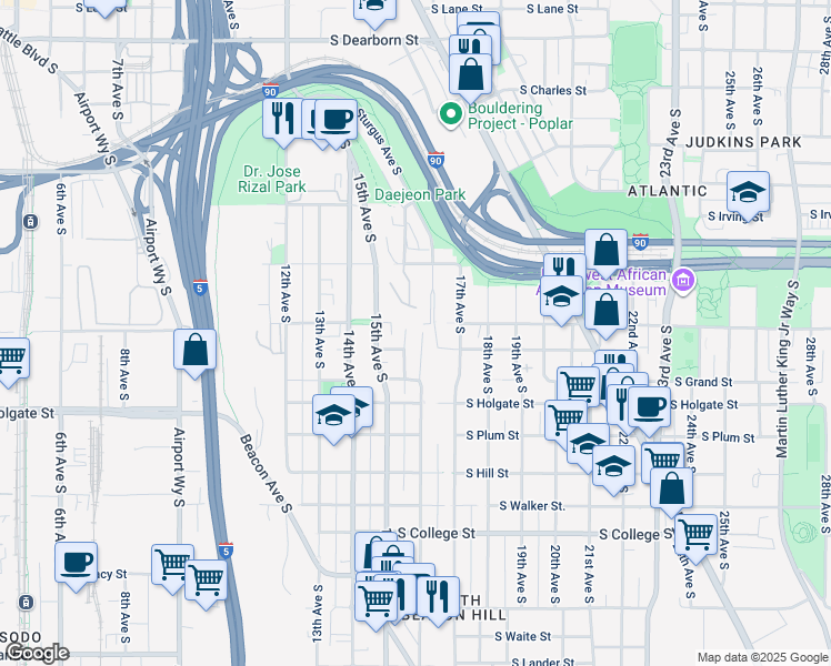 map of restaurants, bars, coffee shops, grocery stores, and more near 1761 16th Avenue South in Seattle