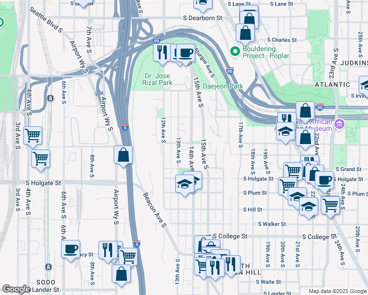 map of restaurants, bars, coffee shops, grocery stores, and more near 1734a 13th Avenue South in Seattle