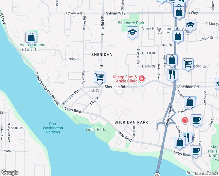 map of restaurants, bars, coffee shops, grocery stores, and more near 614 Sheridan Road in Bremerton