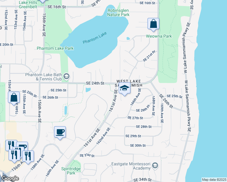 map of restaurants, bars, coffee shops, grocery stores, and more near 2532 161st Avenue Southeast in Bellevue