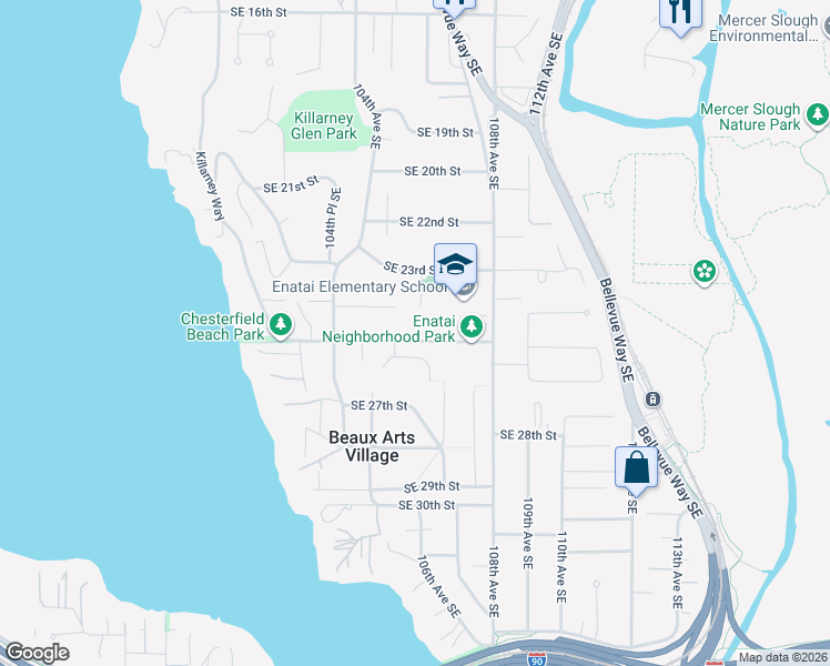 map of restaurants, bars, coffee shops, grocery stores, and more near 10700 Southeast 25th Street in Bellevue