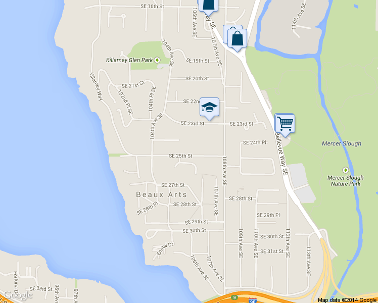 map of restaurants, bars, coffee shops, grocery stores, and more near 10700 Southeast 25th Street in Bellevue