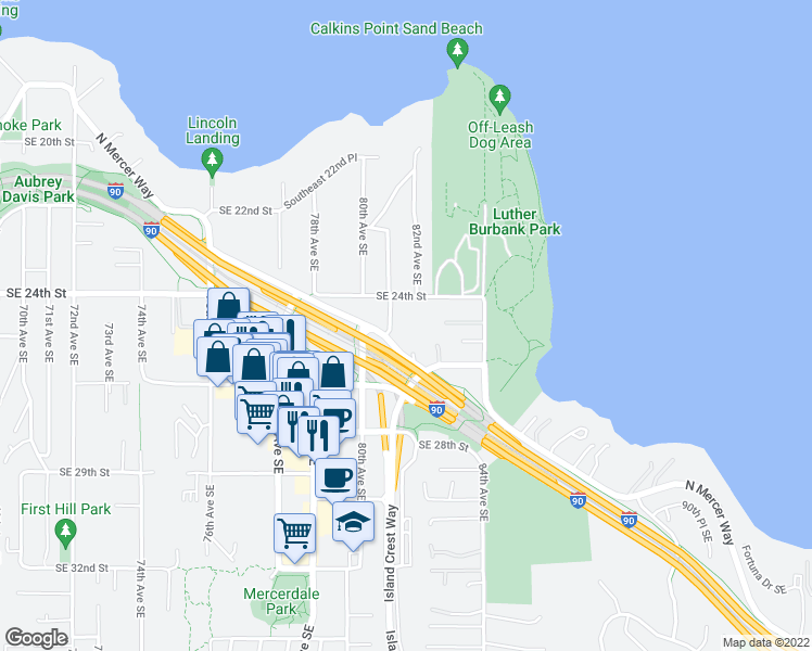 map of restaurants, bars, coffee shops, grocery stores, and more near 2246 81st Avenue Southeast in Mercer Island