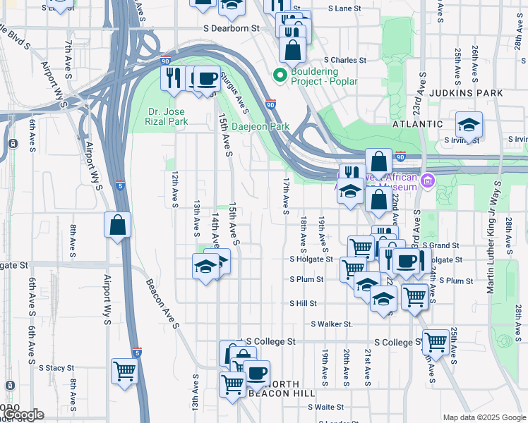 map of restaurants, bars, coffee shops, grocery stores, and more near 1530 Sturgus Avenue South in Seattle