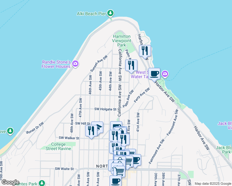 map of restaurants, bars, coffee shops, grocery stores, and more near 1609C California Avenue Southwest in Seattle