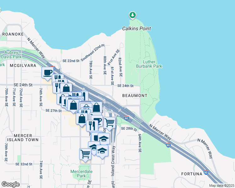 map of restaurants, bars, coffee shops, grocery stores, and more near 2500 81st Avenue Southeast in Mercer Island