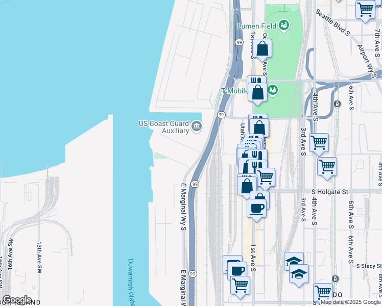 map of restaurants, bars, coffee shops, grocery stores, and more near 1-11 S Massachusetts St in Seattle