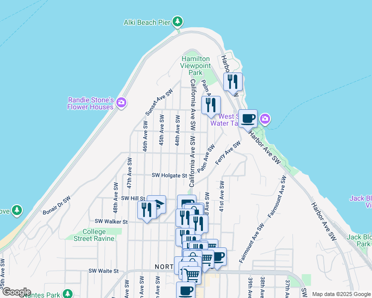 map of restaurants, bars, coffee shops, grocery stores, and more near 1609C California Avenue Southwest in Seattle