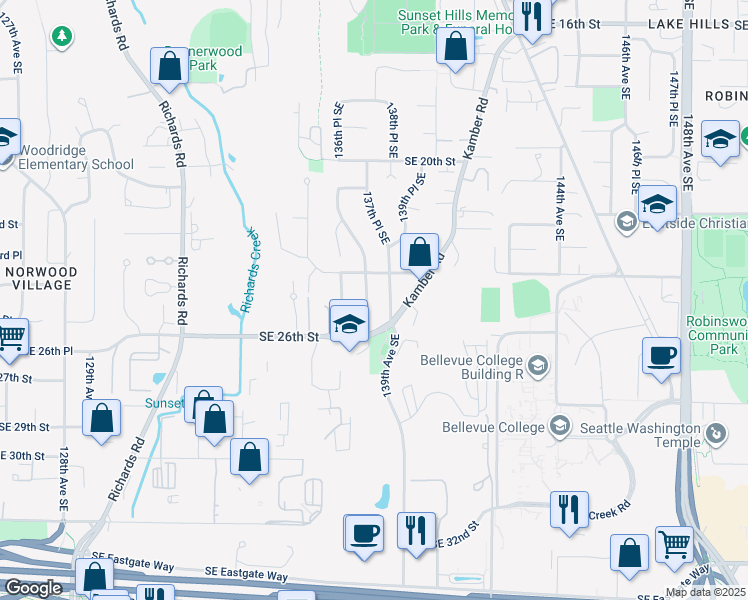 map of restaurants, bars, coffee shops, grocery stores, and more near 2424 138th Avenue Southeast in Bellevue