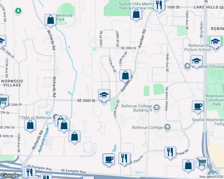 map of restaurants, bars, coffee shops, grocery stores, and more near 2424 138th Avenue Southeast in Bellevue