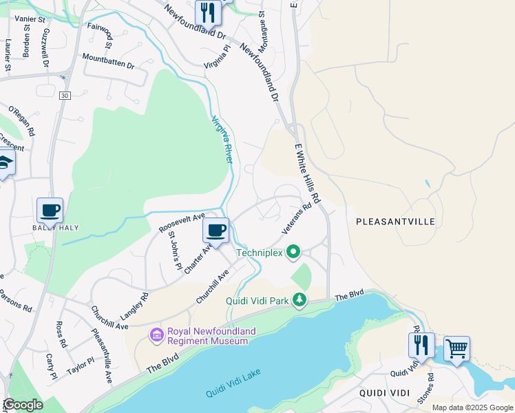 map of restaurants, bars, coffee shops, grocery stores, and more near 817 Charter Court in St. John's