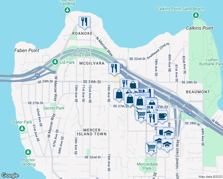 map of restaurants, bars, coffee shops, grocery stores, and more near 2424 74th Avenue Southeast in Mercer Island