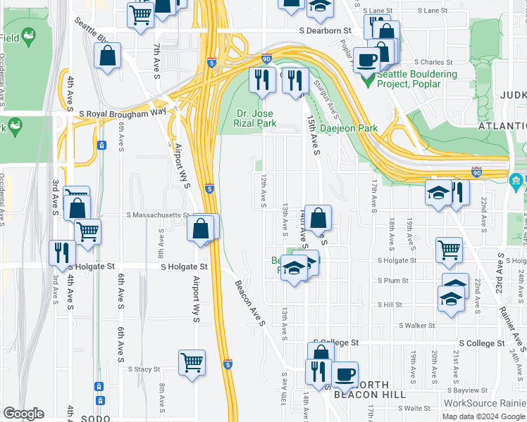 map of restaurants, bars, coffee shops, grocery stores, and more near 1533 12th Avenue South in Seattle