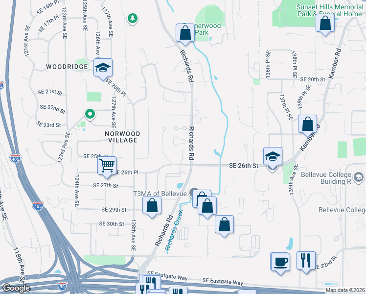 map of restaurants, bars, coffee shops, grocery stores, and more near 2485 132nd Avenue Southeast in Bellevue