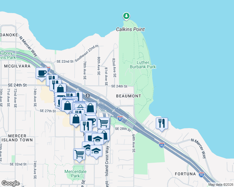 map of restaurants, bars, coffee shops, grocery stores, and more near 8221 Southeast 24th Street in Mercer Island