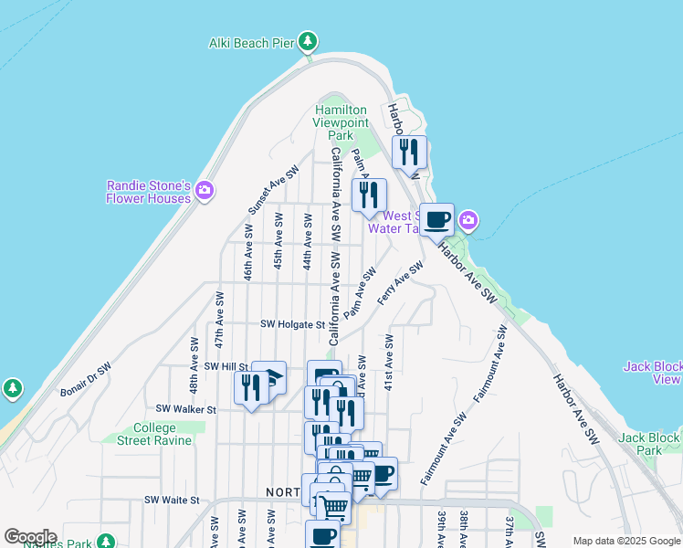 map of restaurants, bars, coffee shops, grocery stores, and more near 1609C California Avenue Southwest in Seattle