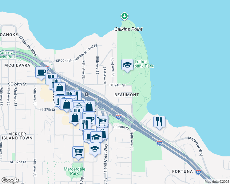 map of restaurants, bars, coffee shops, grocery stores, and more near 8221 Southeast 24th Street in Mercer Island