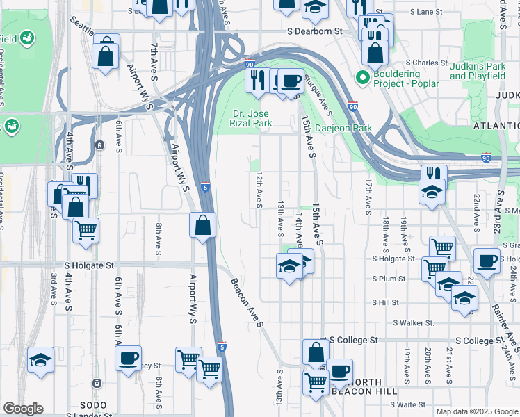map of restaurants, bars, coffee shops, grocery stores, and more near 12th Ave S & S Massachusetts St in Seattle