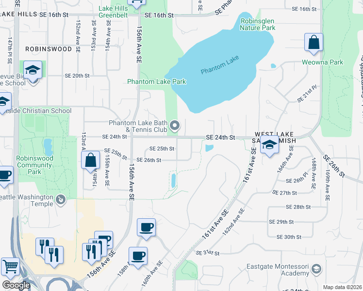map of restaurants, bars, coffee shops, grocery stores, and more near 15800 Southeast 24th Street in Bellevue