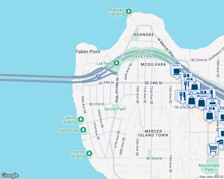 map of restaurants, bars, coffee shops, grocery stores, and more near 6415 Southeast 24th Street in Mercer Island