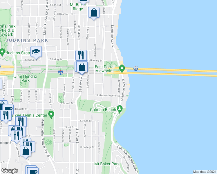 map of restaurants, bars, coffee shops, grocery stores, and more near 1432 Lake Washington Boulevard South in Seattle