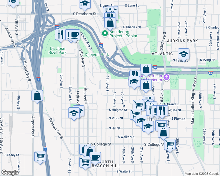 map of restaurants, bars, coffee shops, grocery stores, and more near 1533 18th Avenue South in Seattle