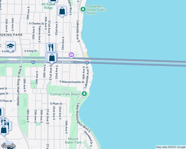 map of restaurants, bars, coffee shops, grocery stores, and more near 1432 Lakeside Avenue South in Seattle