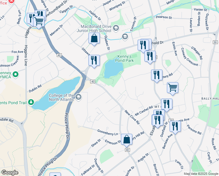 map of restaurants, bars, coffee shops, grocery stores, and more near 156 Portugal Cove Road in St. John's