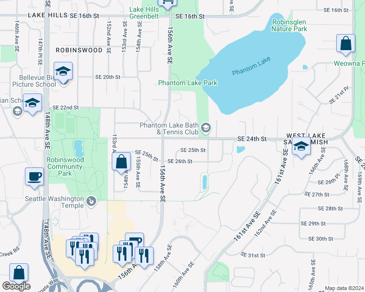 map of restaurants, bars, coffee shops, grocery stores, and more near 15714 Southeast 25th Street in Bellevue