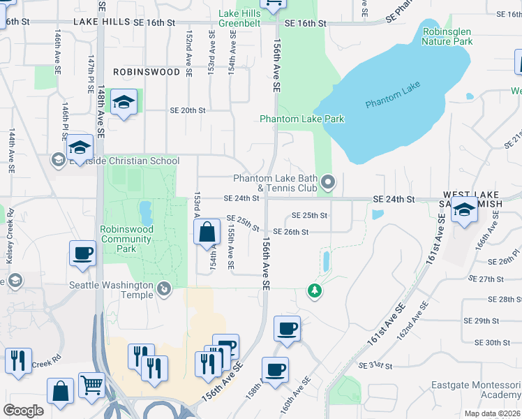map of restaurants, bars, coffee shops, grocery stores, and more near 15543 Southeast 24th Street in Bellevue