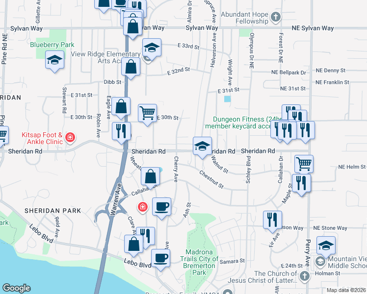 map of restaurants, bars, coffee shops, grocery stores, and more near 1403 Lindberg Place in Bremerton