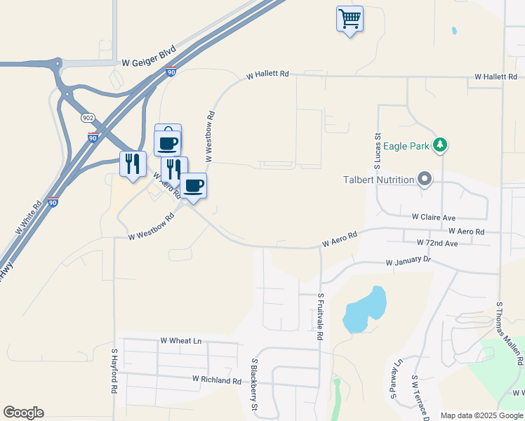 map of restaurants, bars, coffee shops, grocery stores, and more near 10110 West Aero Road in Cheney