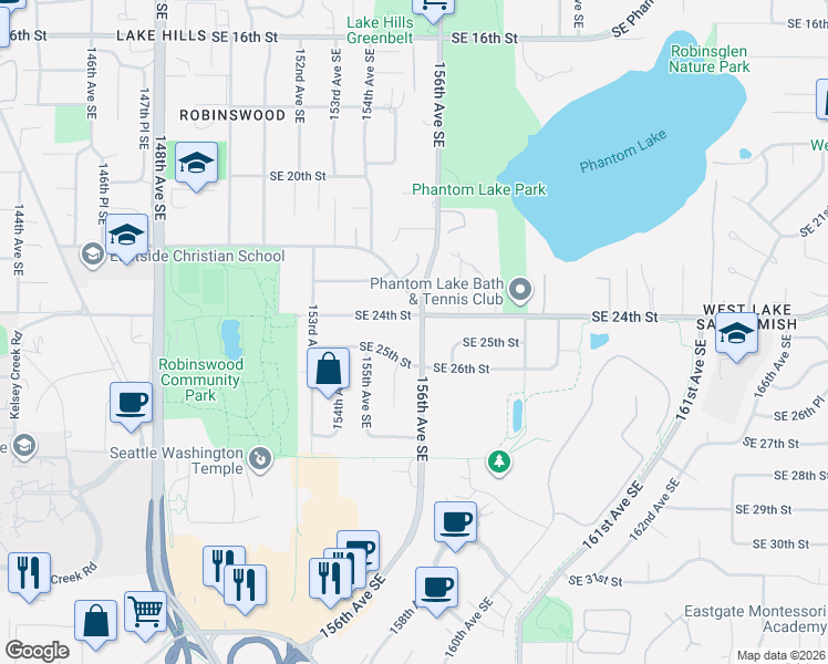 map of restaurants, bars, coffee shops, grocery stores, and more near 15543 Southeast 24th Street in Bellevue