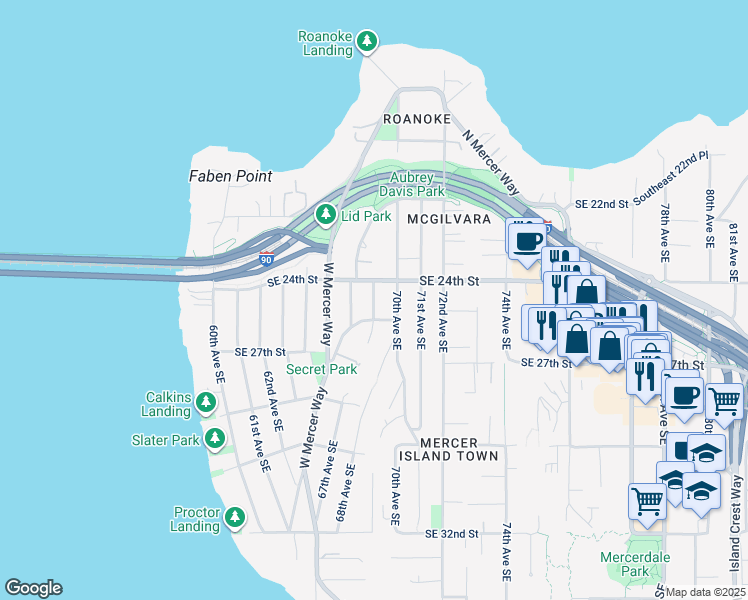 map of restaurants, bars, coffee shops, grocery stores, and more near 2407 70th Avenue Southeast in Mercer Island