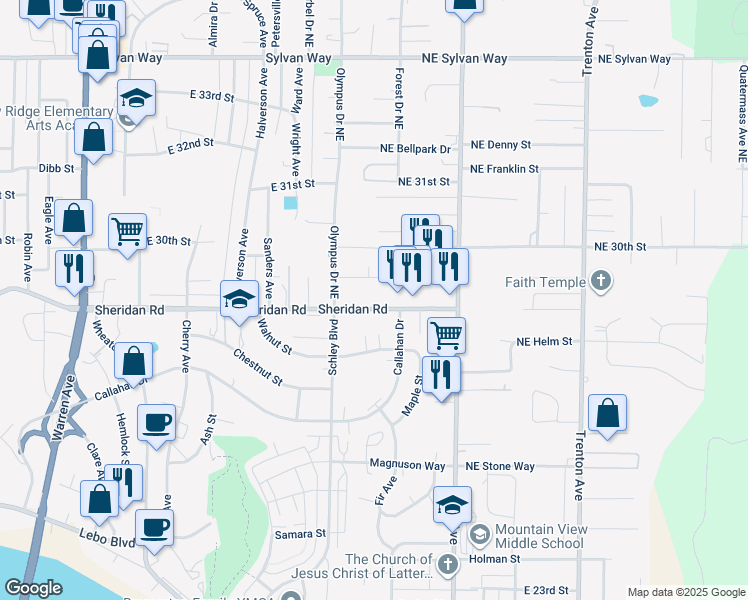 map of restaurants, bars, coffee shops, grocery stores, and more near 1923 Northeast Barnett Street in Bremerton