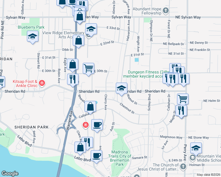 map of restaurants, bars, coffee shops, grocery stores, and more near 1403 Lindberg Place in Bremerton