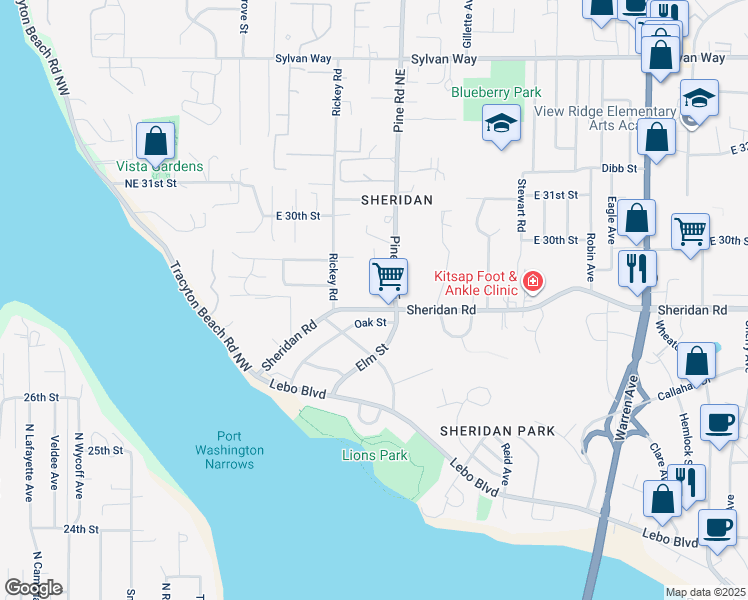 map of restaurants, bars, coffee shops, grocery stores, and more near 514 Sheridan Road in Bremerton