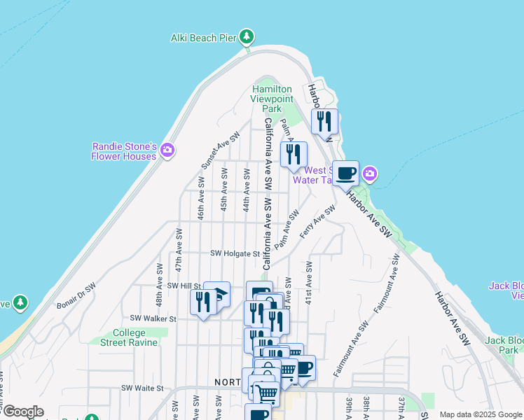 map of restaurants, bars, coffee shops, grocery stores, and more near 1609C California Avenue Southwest in Seattle