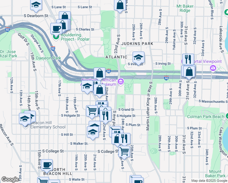 map of restaurants, bars, coffee shops, grocery stores, and more near 1533 23rd Avenue South in Seattle