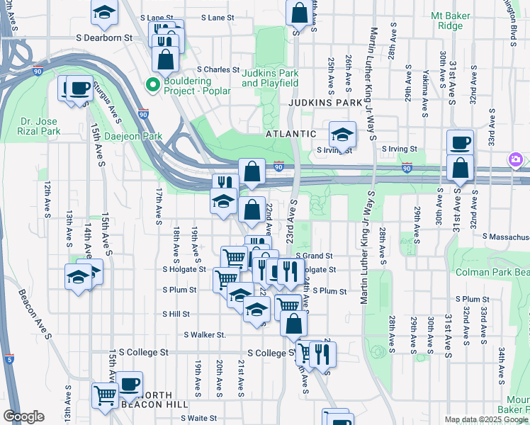 map of restaurants, bars, coffee shops, grocery stores, and more near 1517 22nd Avenue South in Seattle